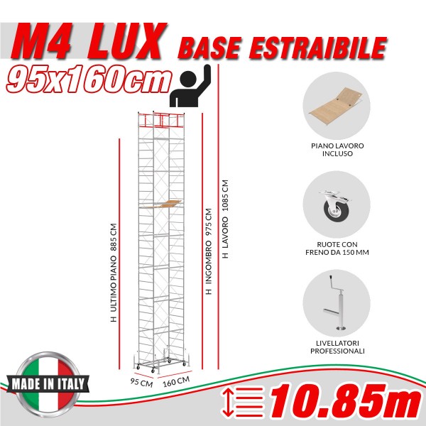 Trabattello M4 LUX base estraibile (Altezza lavoro 10,85 metri)