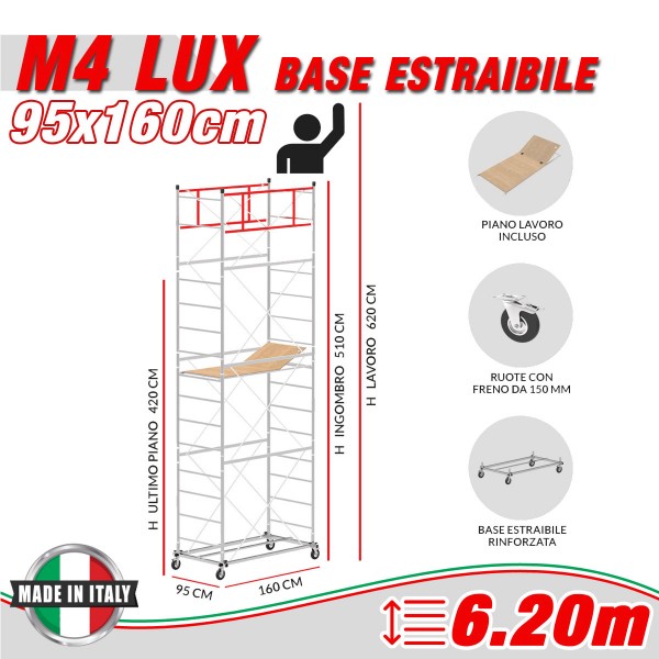 Trabattello M4 LUX base estraibile (Altezza lavoro 6,20 metri)