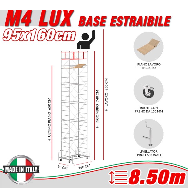 Trabattello M4 LUX base estraibile (Altezza lavoro 8,50 metri)