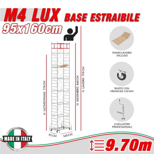 Trabattello M4 LUX base estraibile (Altezza lavoro 9,70 metri)
